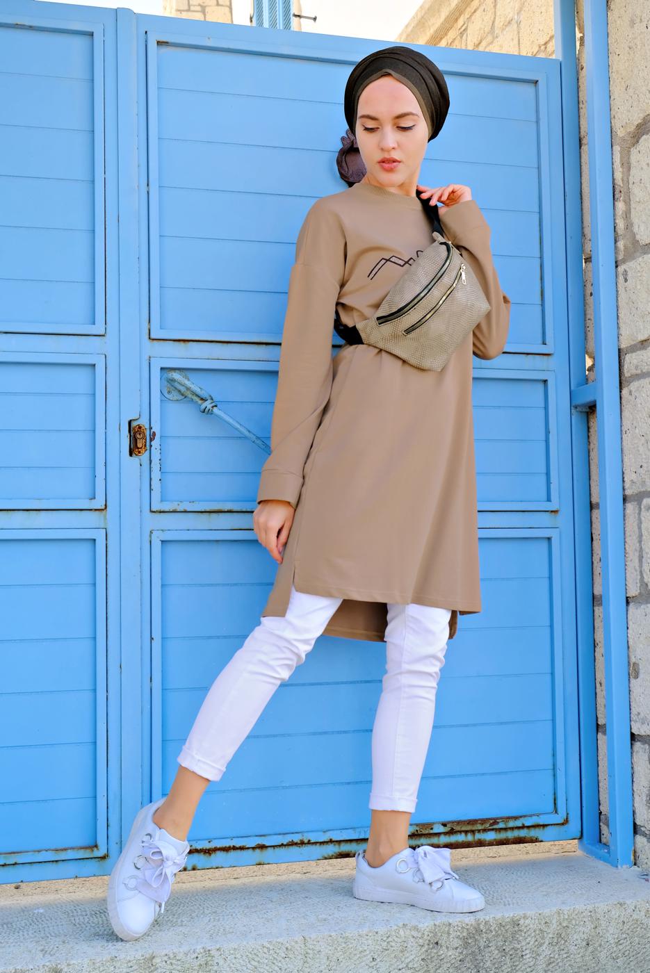 Tesettür giyim KAHVE PAMUKLU EŞOFMAN TUNİK 4628