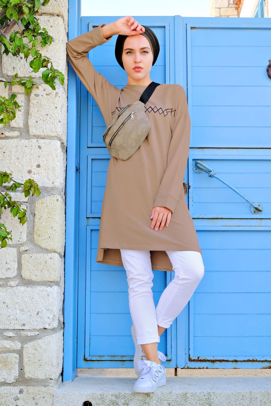 Tesettür giyim KAHVE PAMUKLU EŞOFMAN TUNİK 4628