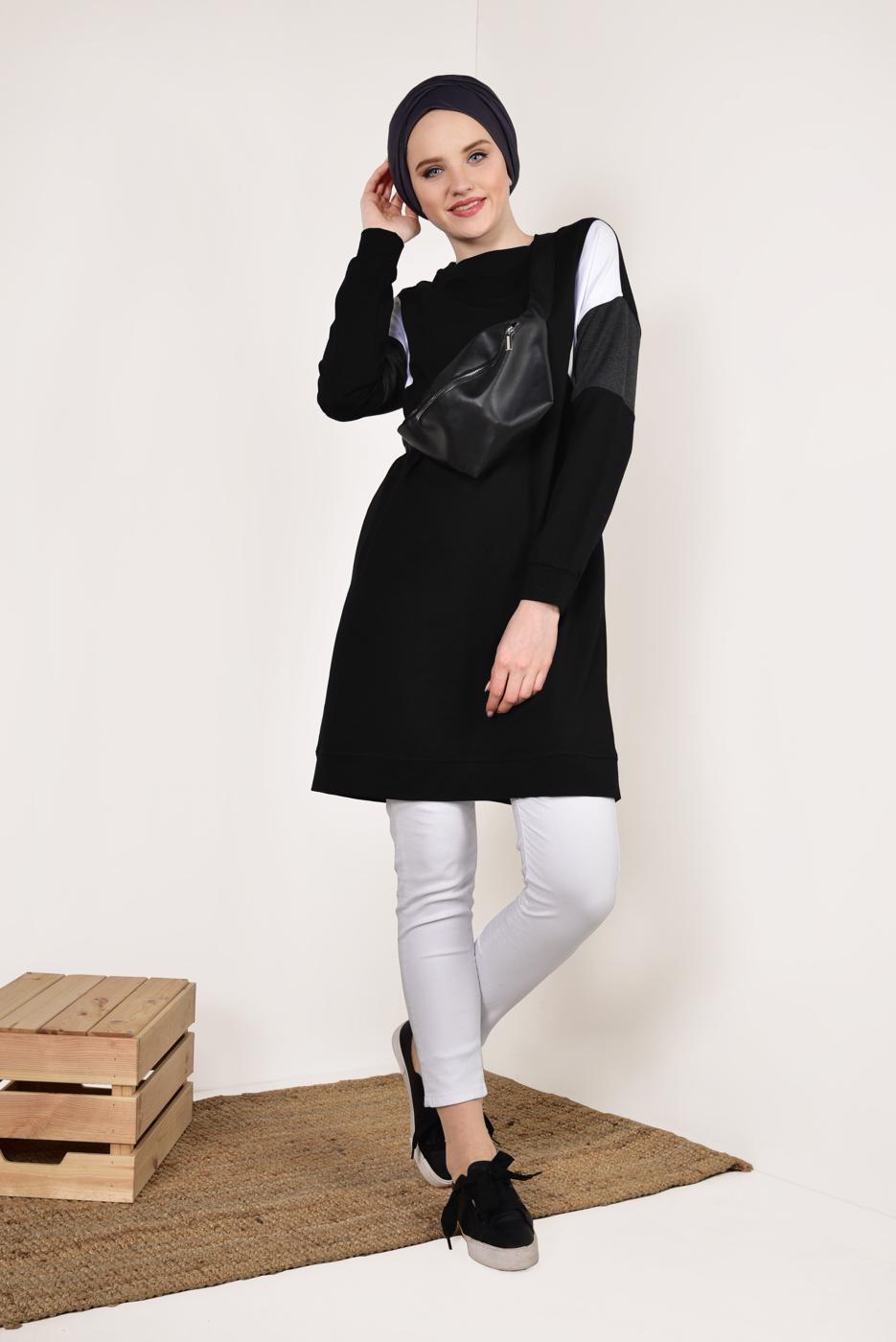 Tesettür giyim SİYAH BİSİKLET YAKA CEPLİ EŞOFMAN TUNİK 4728 