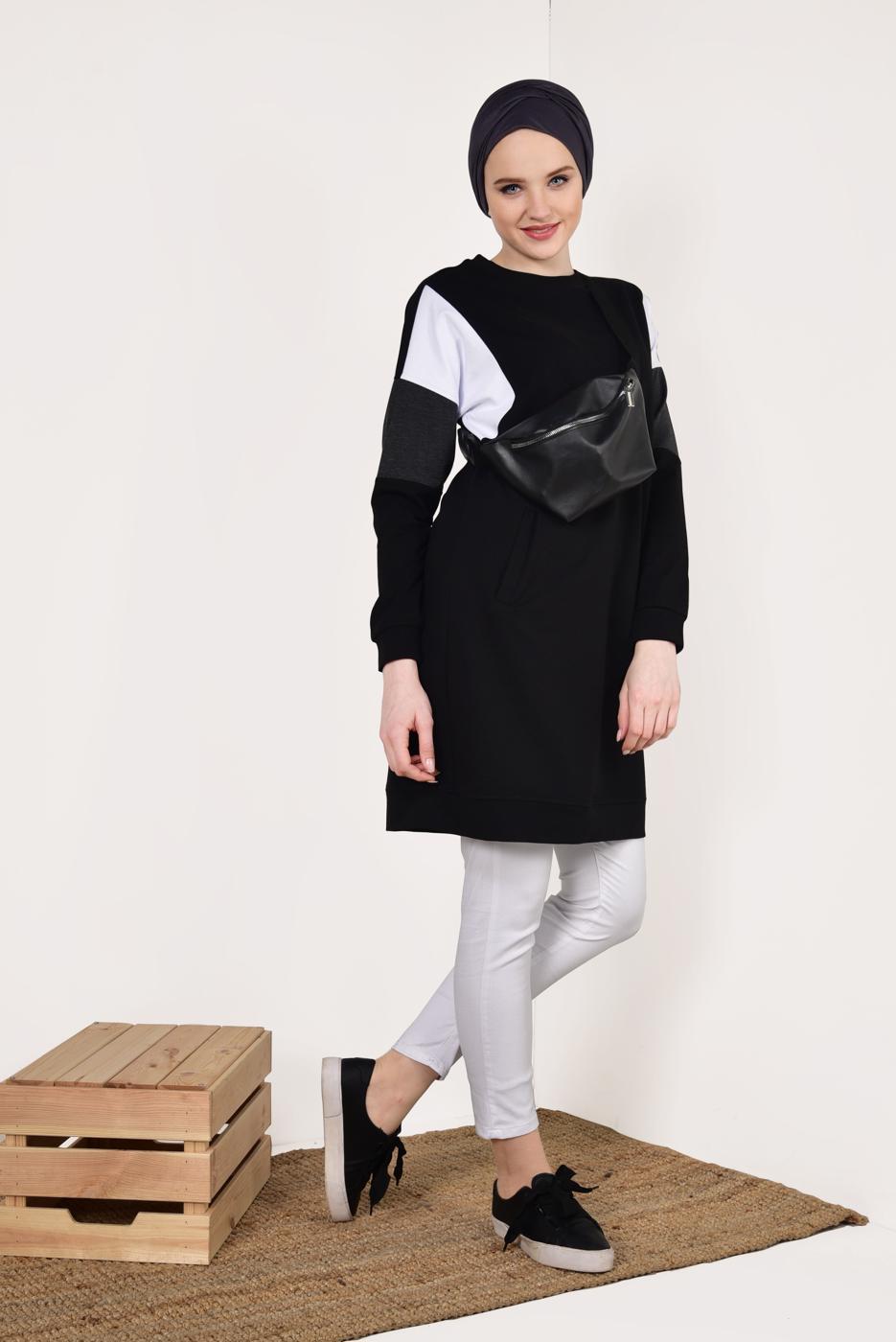Tesettür giyim SİYAH BİSİKLET YAKA CEPLİ EŞOFMAN TUNİK 4728 