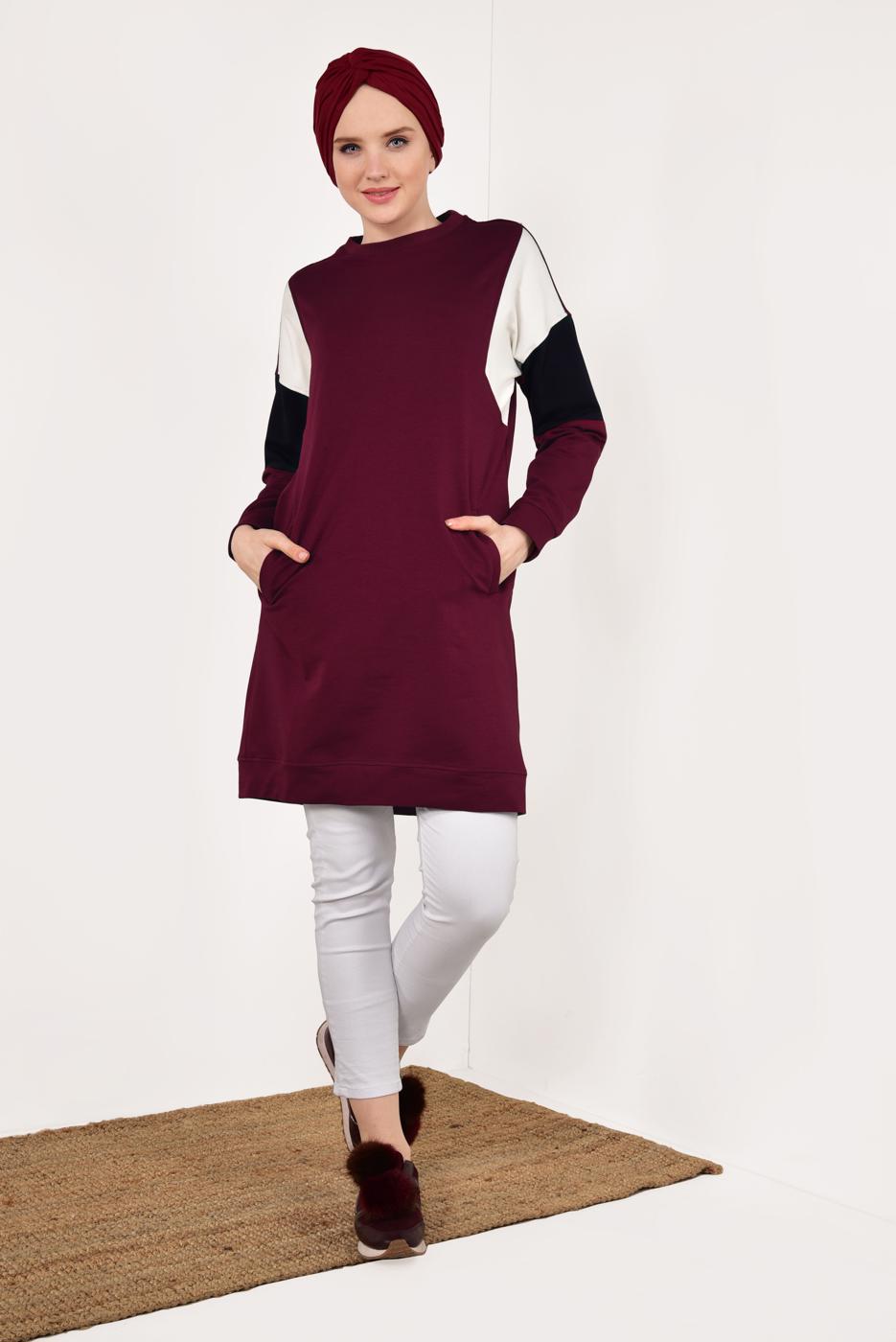 Tesettür giyim BORDO BİSİKLET YAKA CEPLİ EŞOFMAN TUNİK 4728 