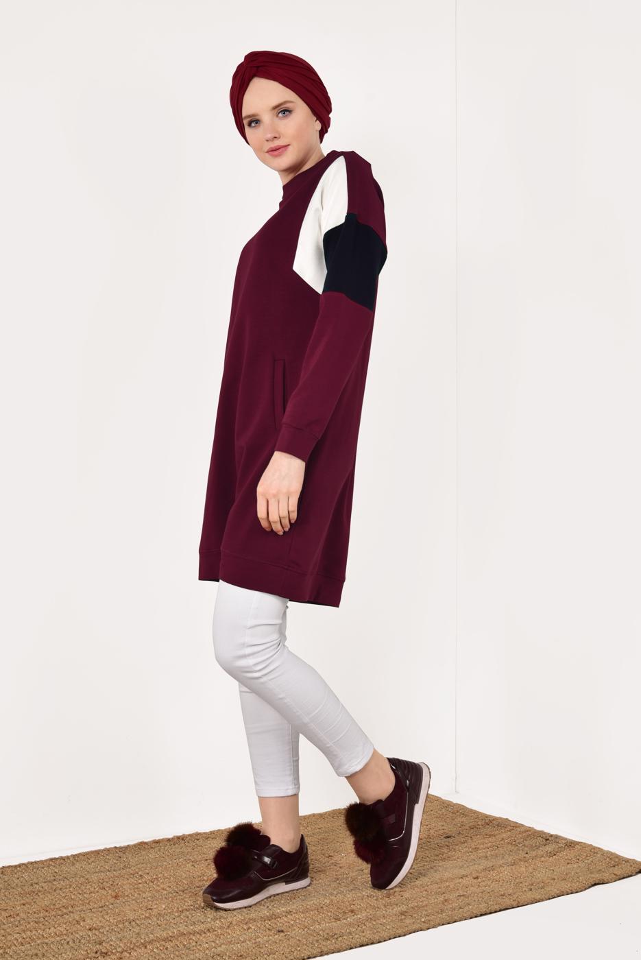 Tesettür giyim BORDO BİSİKLET YAKA CEPLİ EŞOFMAN TUNİK 4728 