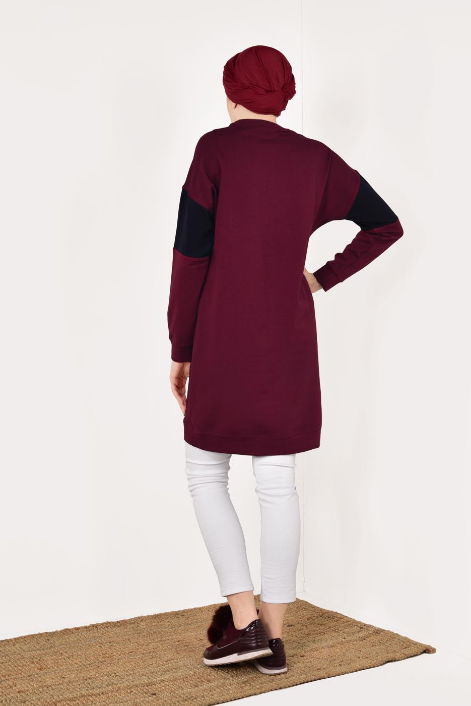 Tesettür giyim BORDO BİSİKLET YAKA CEPLİ EŞOFMAN TUNİK 4728 