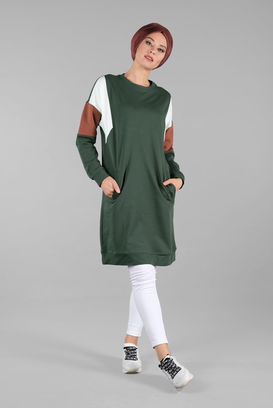 Tesettür giyim HAKİ BİSİKLET YAKA CEPLİ EŞOFMAN TUNİK 4728 