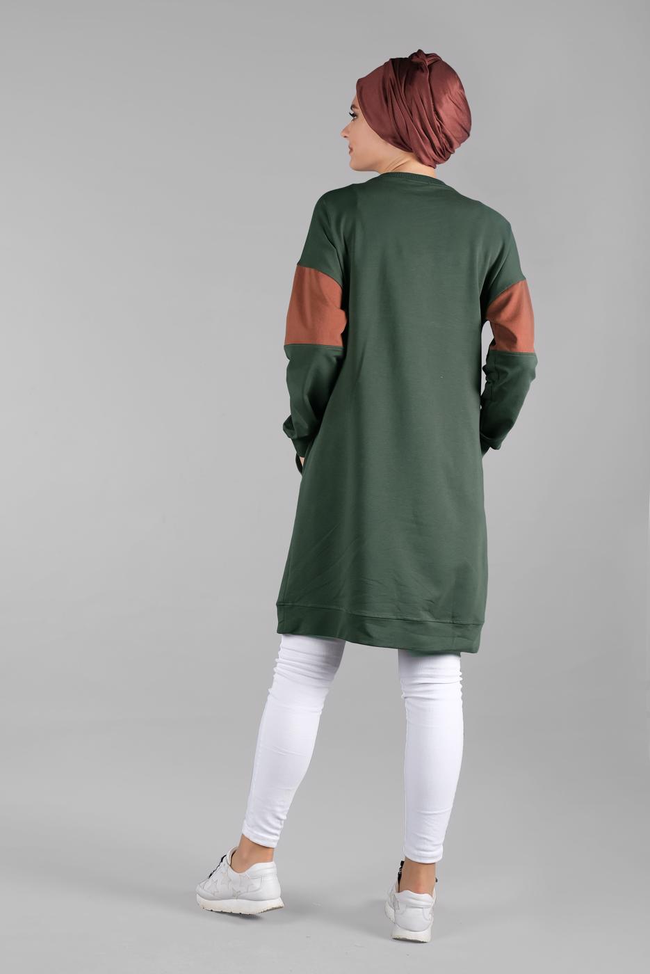 Tesettür giyim HAKİ BİSİKLET YAKA CEPLİ EŞOFMAN TUNİK 4728 