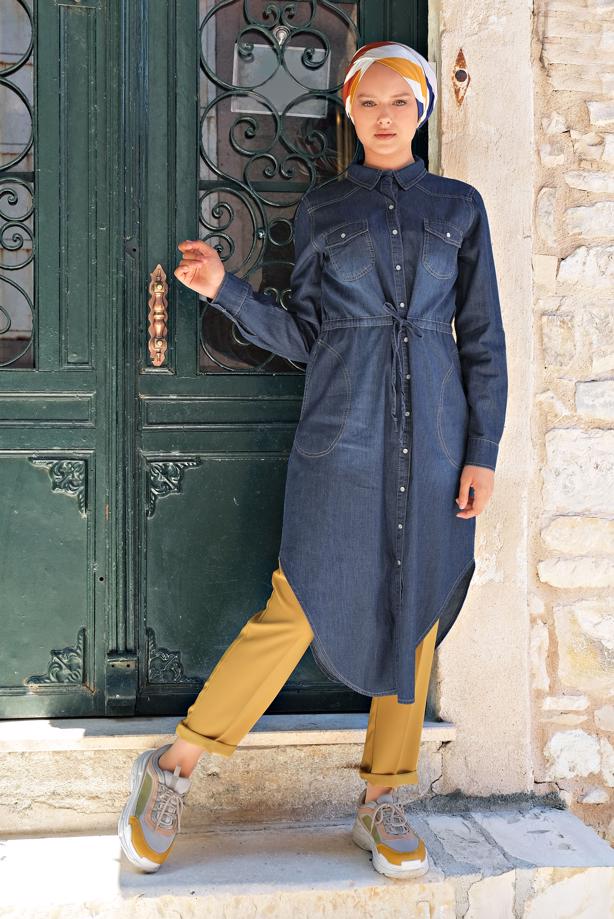 Tesettür giyim LACİVERT  BELİ BAĞCIKLI DENİM TUNİK 4801 - TRENDTESETTÜR