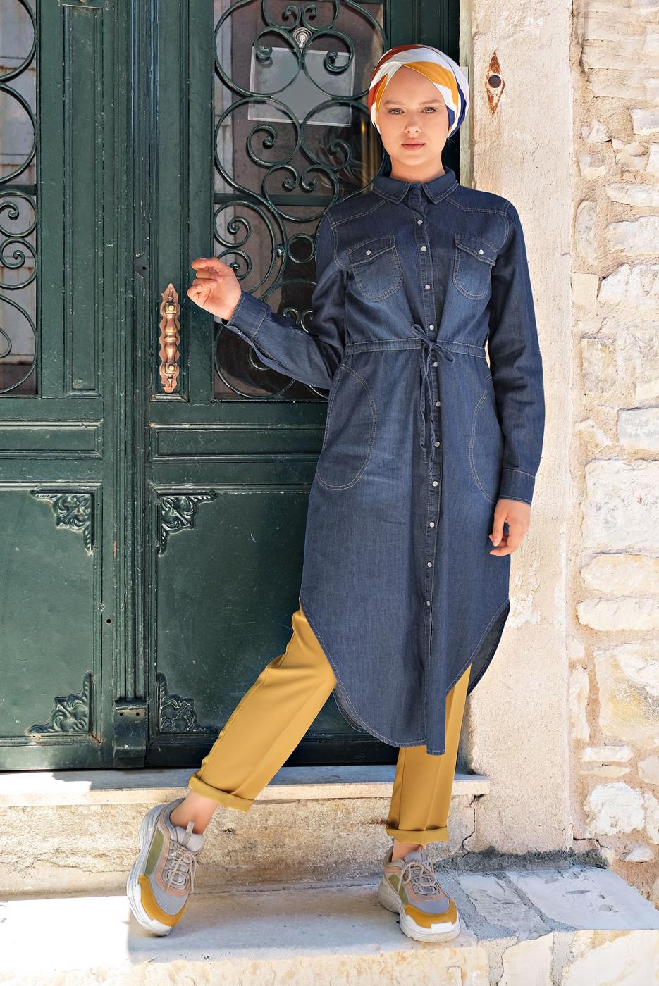 Tesettür giyim LACİVERT  BELİ BAĞCIKLI DENİM TUNİK 4801