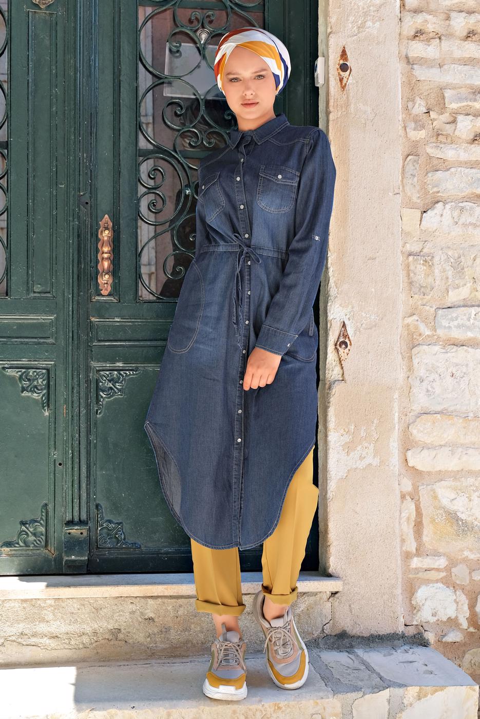 Tesettür giyim LACİVERT  BELİ BAĞCIKLI DENİM TUNİK 4801