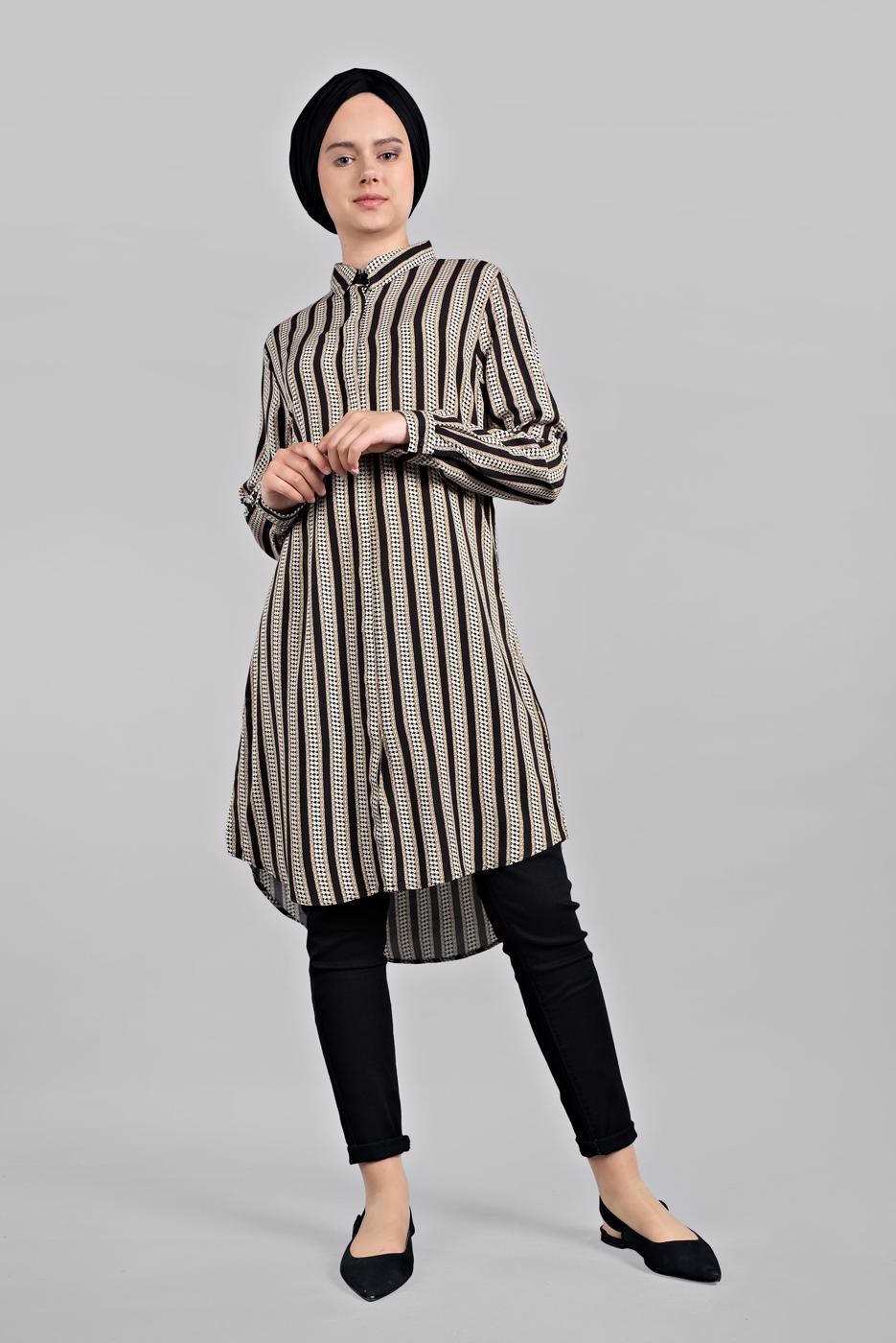 Vêtements hijab NOIR TUNIQUE CHEMISE RAYÉE À ASYMÉTRIQUE  4804 