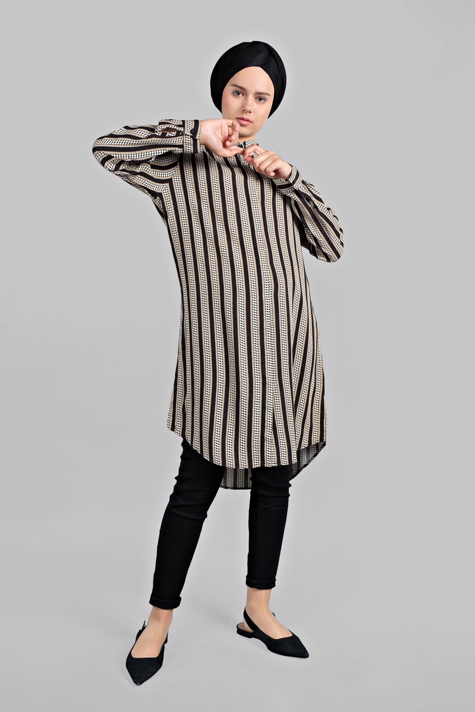 Vêtements hijab NOIR TUNIQUE CHEMISE RAYÉE À ASYMÉTRIQUE  4804 