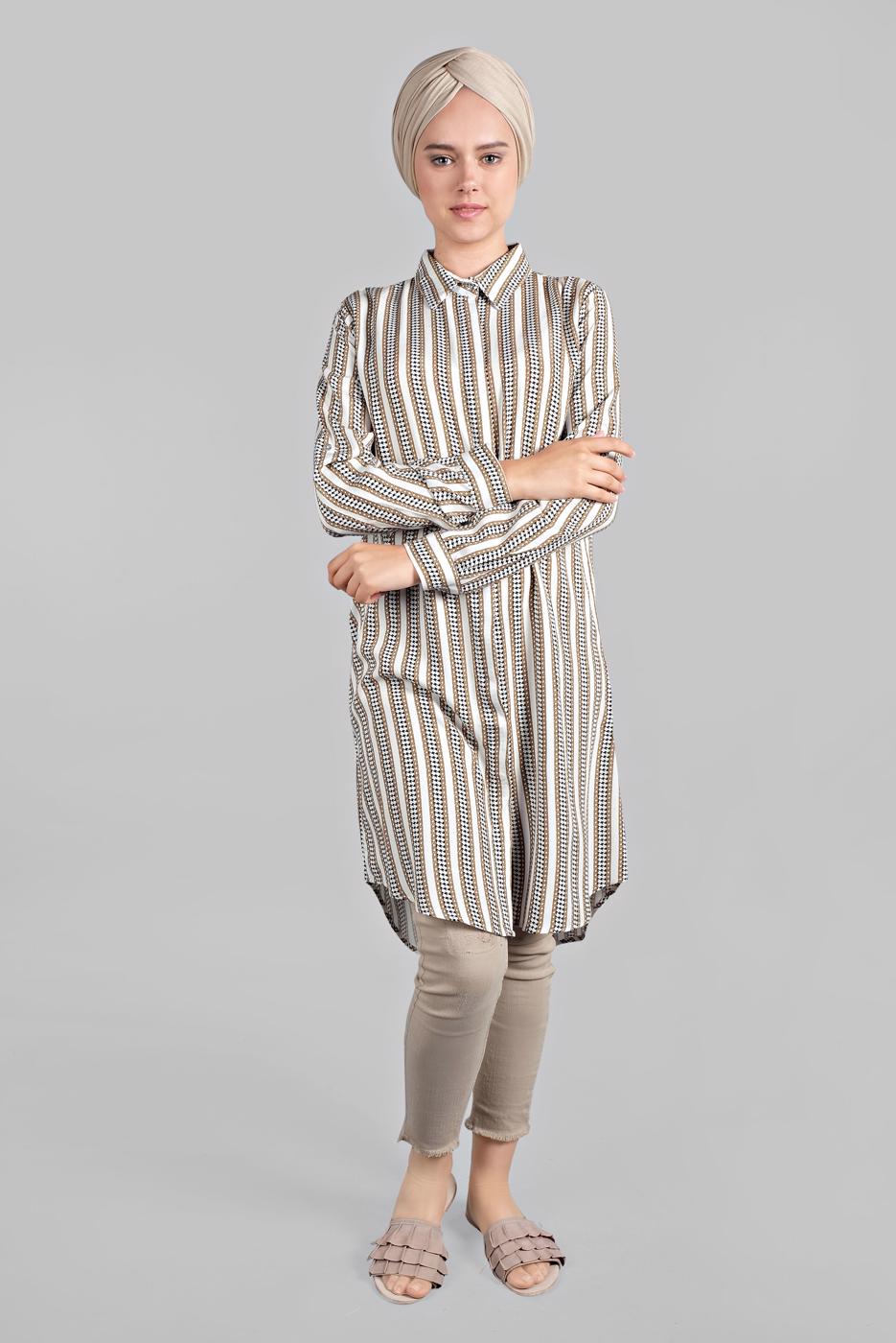 Vêtements hijab BEIGE TUNIQUE CHEMISE RAYÉE À ASYMÉTRIQUE  4804 