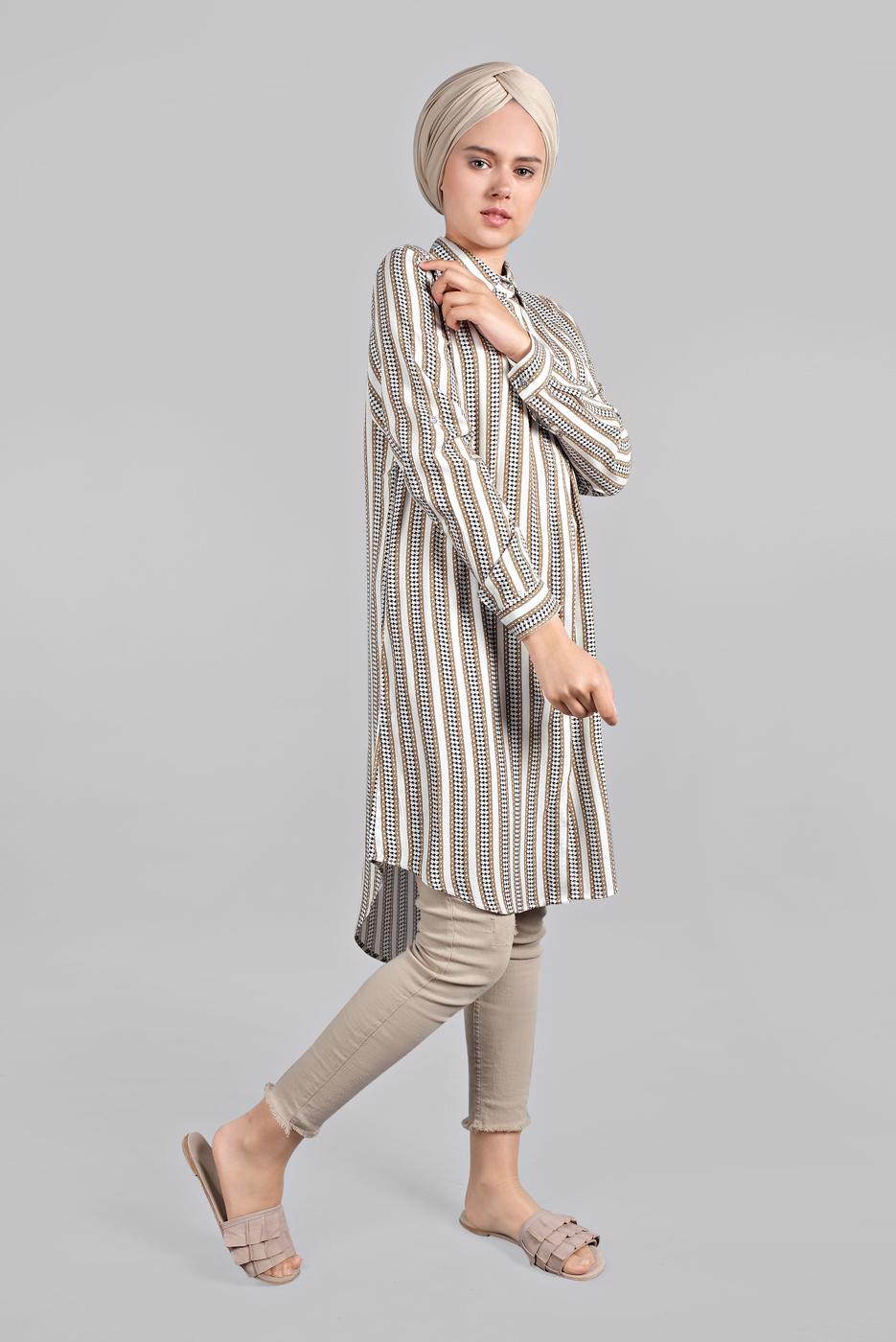 Vêtements hijab BEIGE TUNIQUE CHEMISE RAYÉE À ASYMÉTRIQUE  4804 