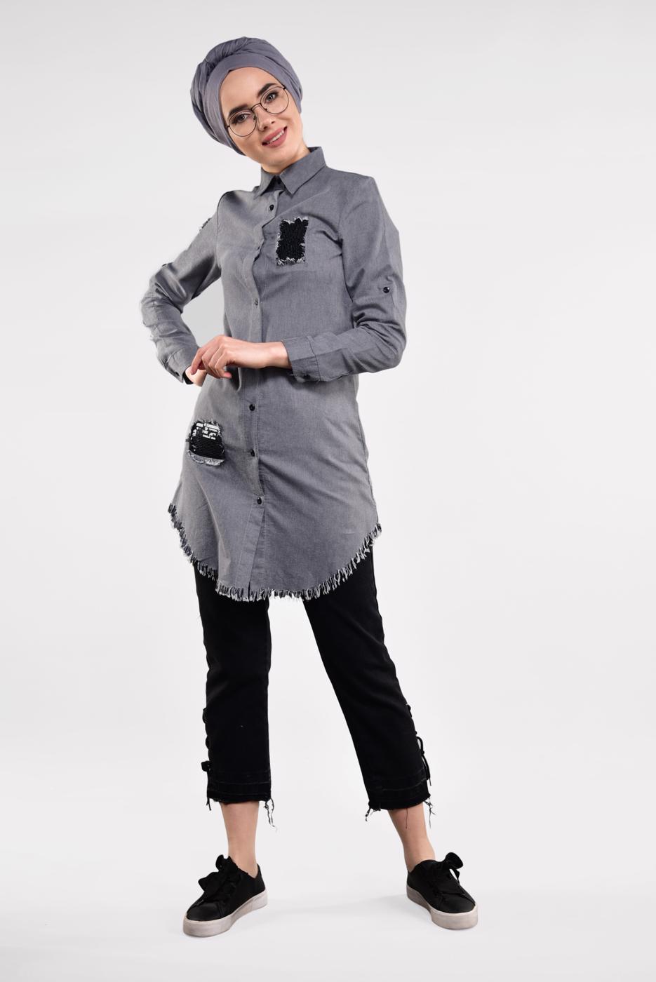 Vêtements hijab NOIR TUNIQUE À FRANGES À SEQUINS 4829 