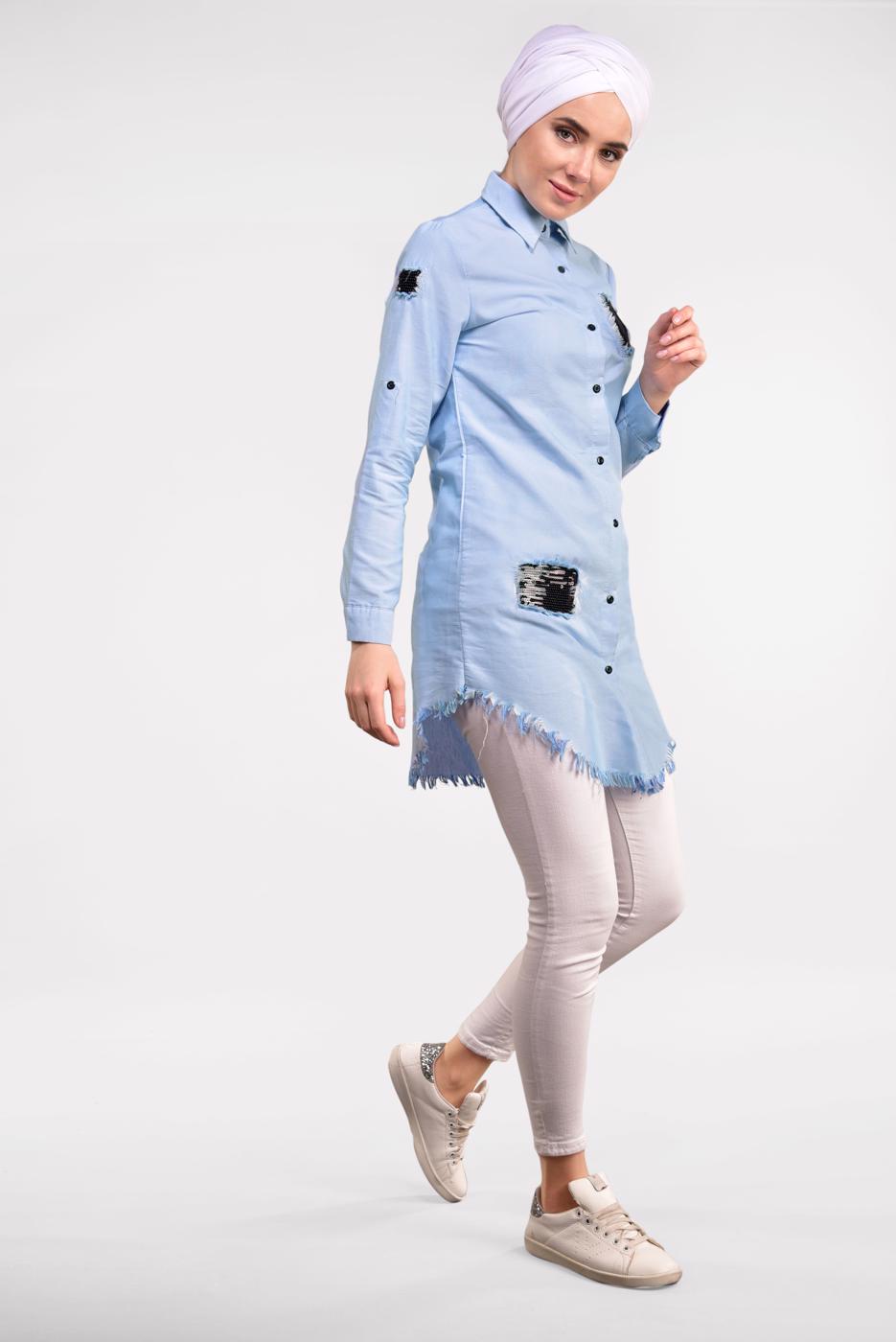 Vêtements hijab BLEU TUNIQUE À FRANGES À SEQUINS 4829 