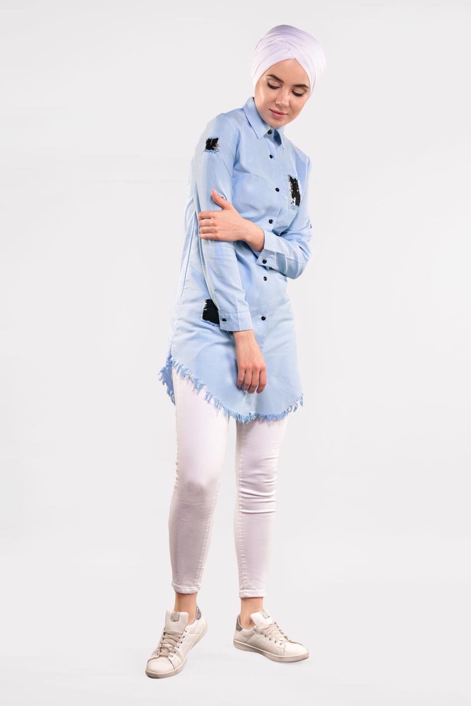 Vêtements hijab BLEU TUNIQUE À FRANGES À SEQUINS 4829 