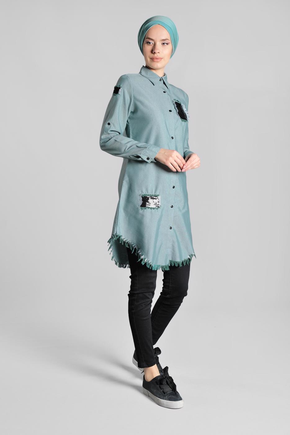 Tesettür giyim YEŞİL PUL PAYET VE PÜSKÜL DETAYLI TUNİK 4829