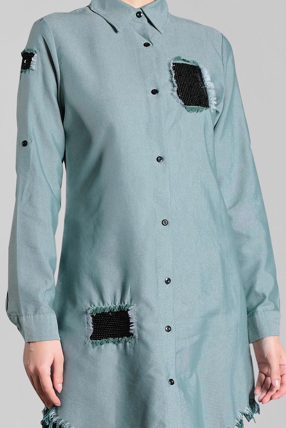 Tesettür giyim YEŞİL PUL PAYET VE PÜSKÜL DETAYLI TUNİK 4829