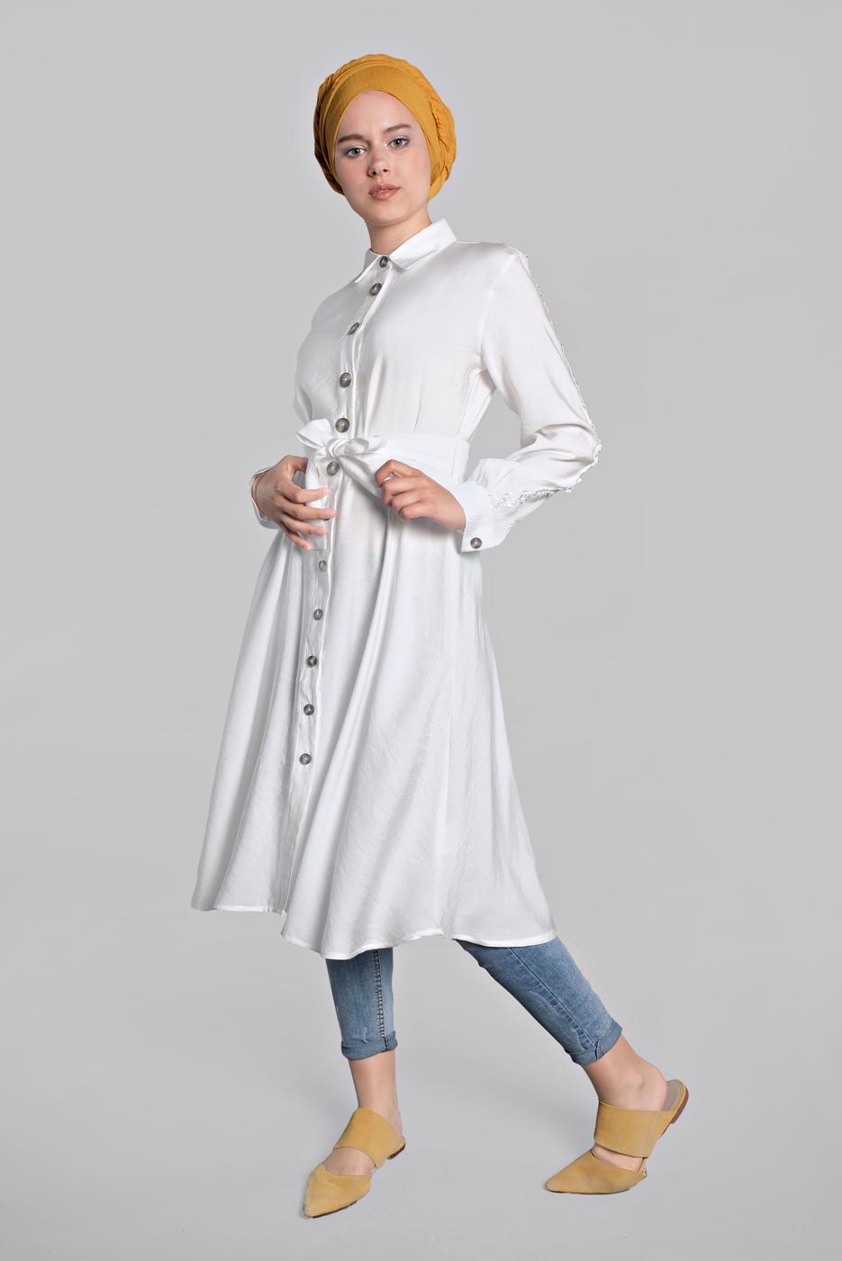 Hijab clothing CREAM BUTTON-TRIMMED TUNIC 4834