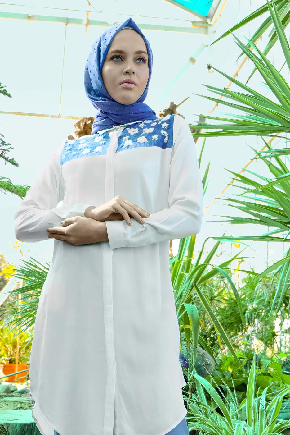 Tesettür giyim KREM NAKIŞ VE BONCUK İŞLEMELİ TUNİK 4903