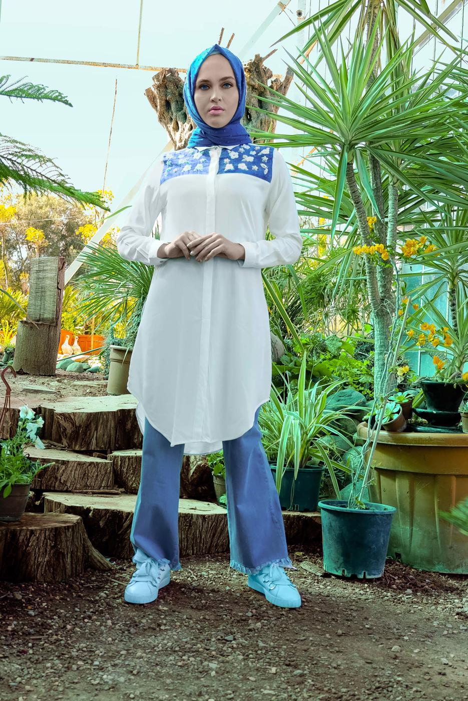 Tesettür giyim KREM NAKIŞ VE BONCUK İŞLEMELİ TUNİK 4903