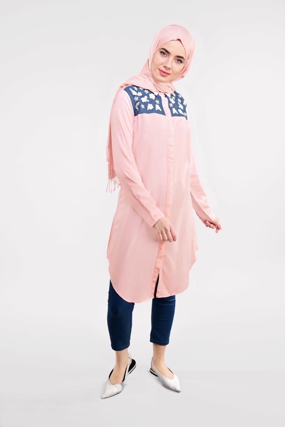 Tesettür giyim PUDRA NAKIŞ VE BONCUK İŞLEMELİ TUNİK 4903