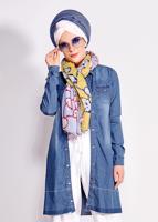 Tesettür giyim MAVİ CEP DETAYLI ÇITÇITLI DENİM TUNİK  4951