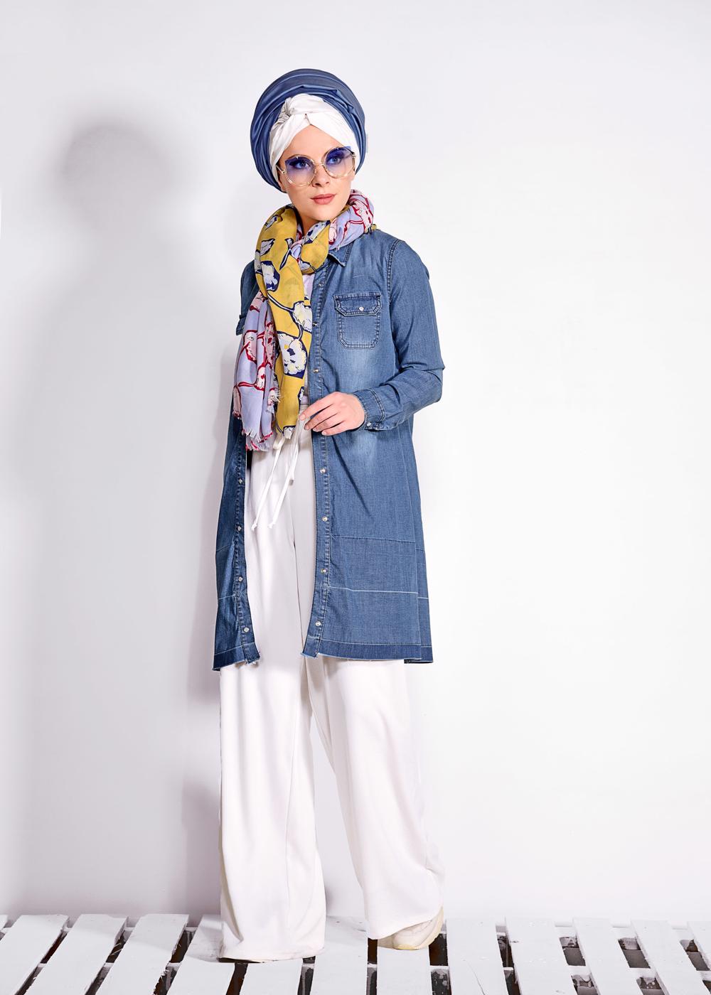Tesettür giyim MAVİ CEP DETAYLI ÇITÇITLI DENİM TUNİK  4951