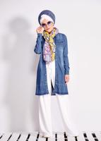 Tesettür giyim MAVİ CEP DETAYLI ÇITÇITLI DENİM TUNİK  4951