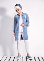 Tesettür giyim MAVİ CEP DETAYLI ÇITÇITLI DENİM TUNİK  4951