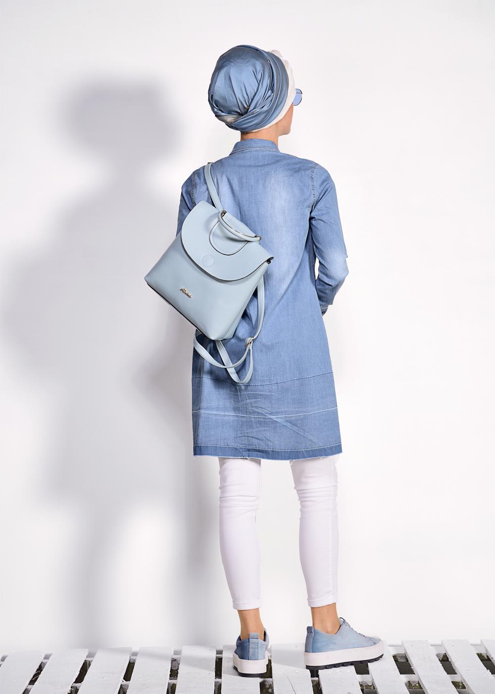 Tesettür giyim MAVİ CEP DETAYLI ÇITÇITLI DENİM TUNİK  4951