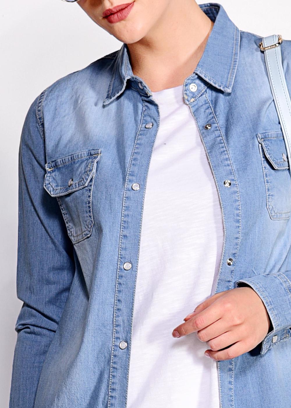 Tesettür giyim MAVİ CEP DETAYLI ÇITÇITLI DENİM TUNİK  4951