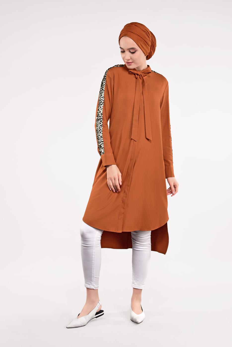 Tesettür giyim TABA KOLLARI PUL PAYETLİ TUNİK 5032