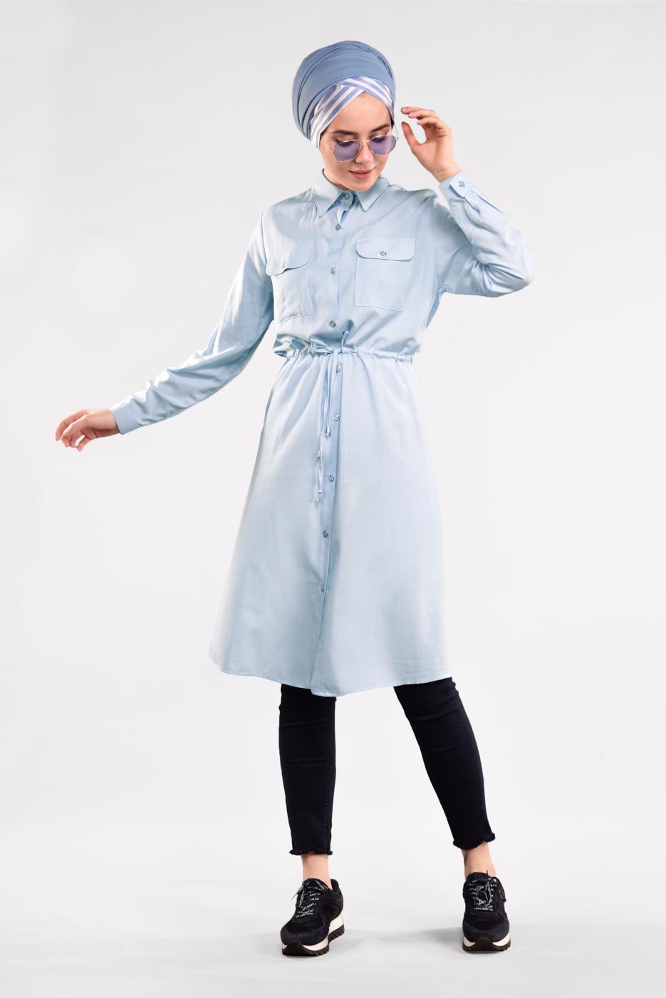 Vêtements hijab BLEU TUNIQUE CHEMISE TAILLE-NOUÉE  5109