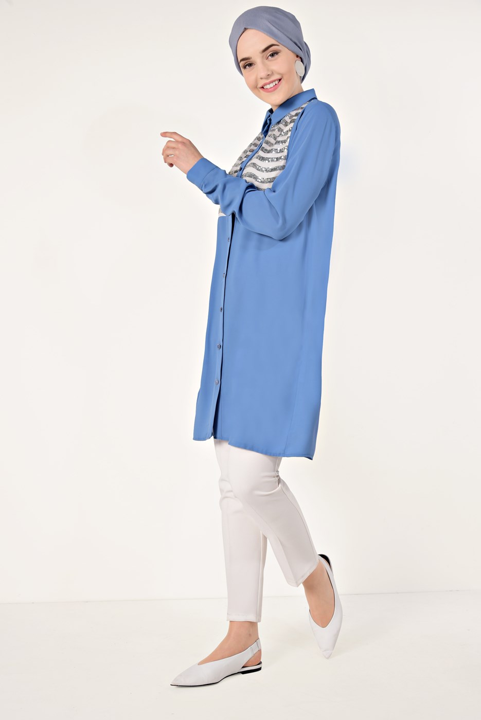 Tesettür giyim MAVİ PUL İŞLEMELİ TUNİK T 5571