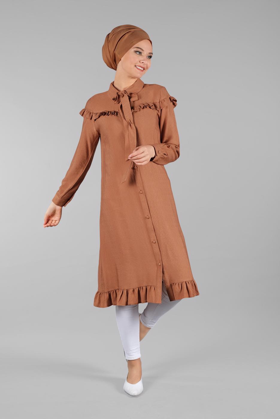 Tesettür giyim TURUNCU DÜĞMELİ VE FIRFIRLI UZUN TUNİK T 6226