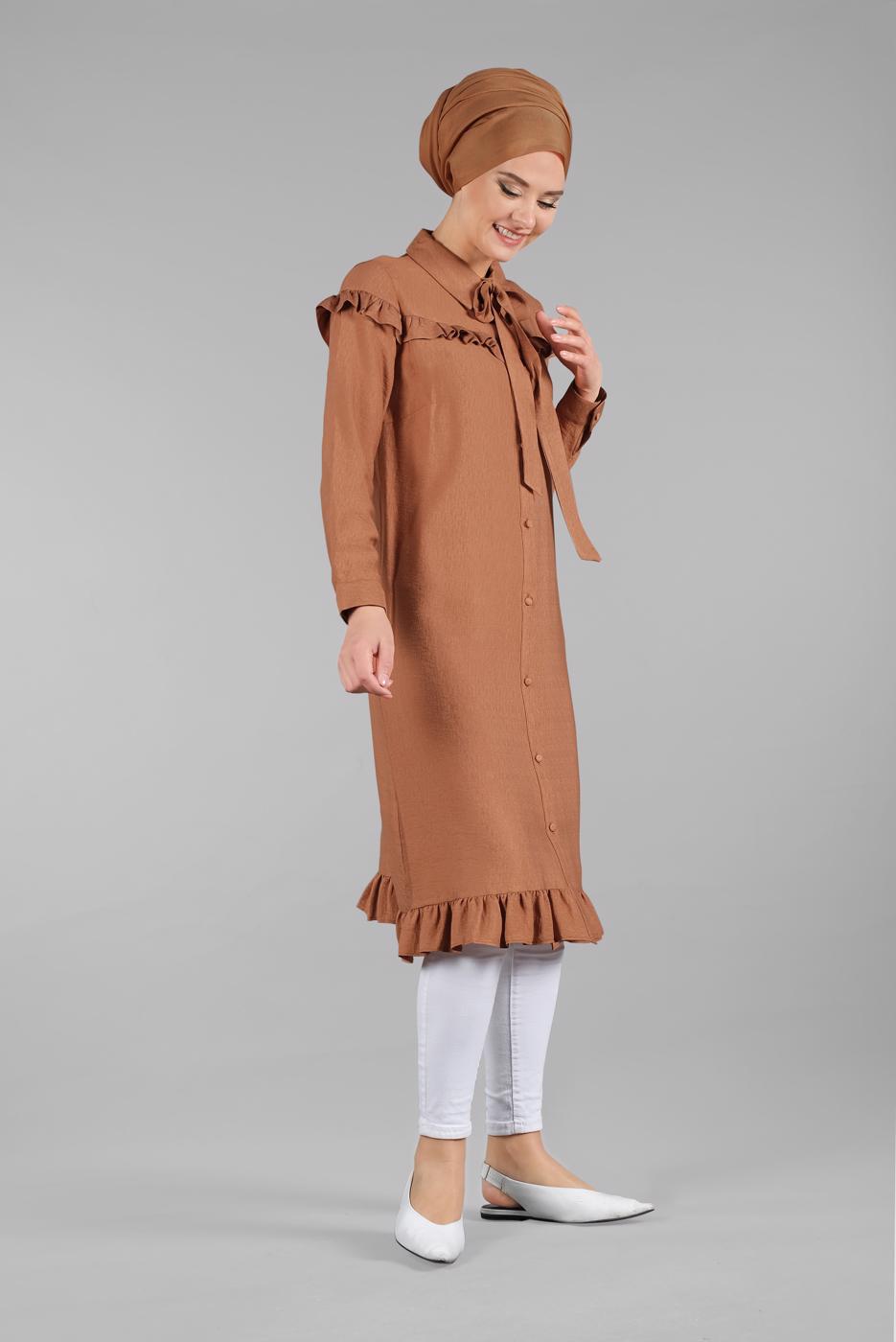 Tesettür giyim TURUNCU DÜĞMELİ VE FIRFIRLI UZUN TUNİK T 6226