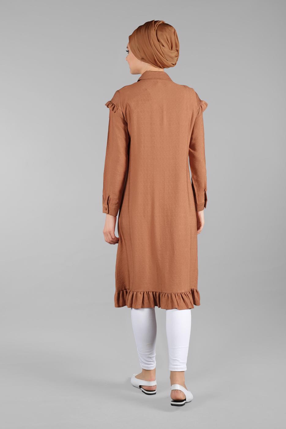 Tesettür giyim TURUNCU DÜĞMELİ VE FIRFIRLI UZUN TUNİK T 6226