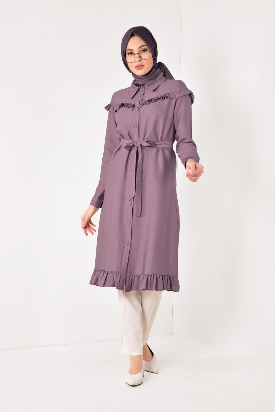 Tesettür giyim PEMBE DÜĞMELİ VE FIRFIRLI UZUN TUNİK T 6226