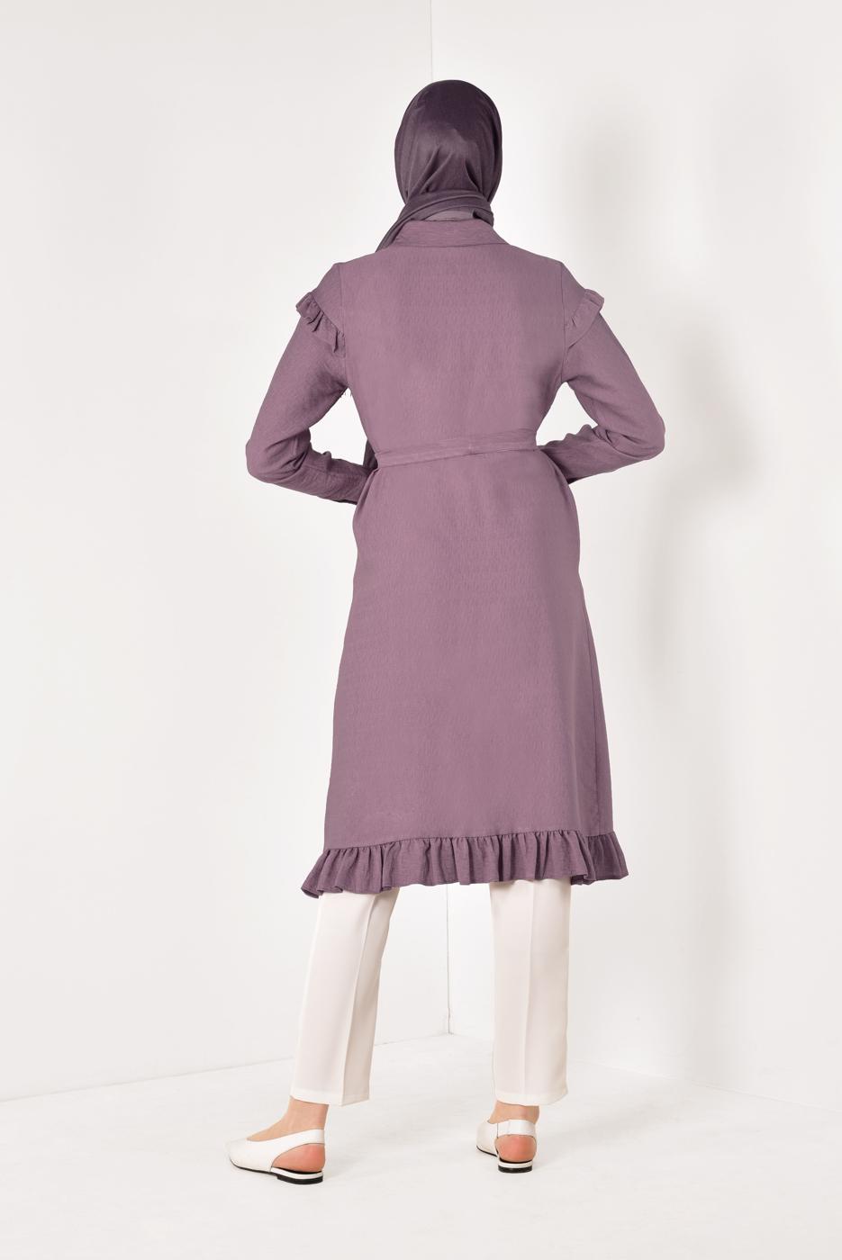 Tesettür giyim PEMBE DÜĞMELİ VE FIRFIRLI UZUN TUNİK T 6226