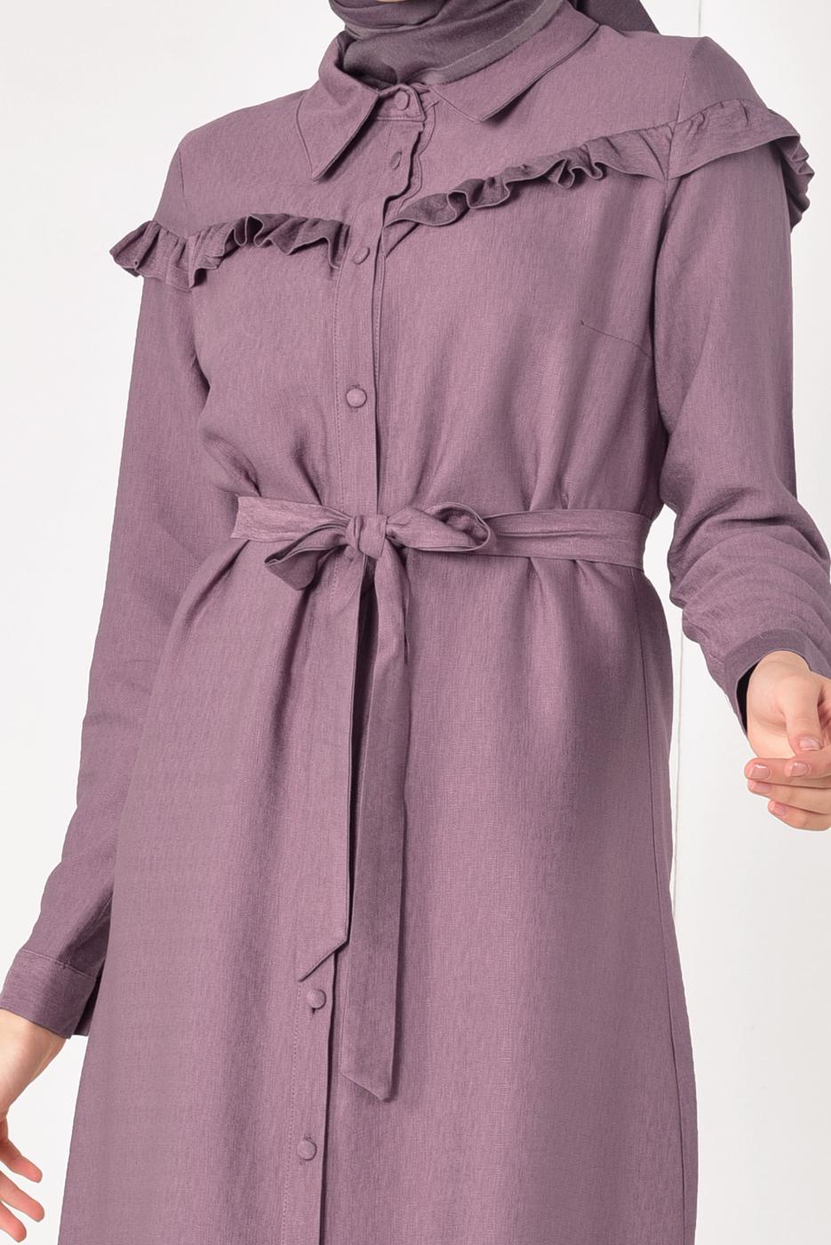 Tesettür giyim PEMBE DÜĞMELİ VE FIRFIRLI UZUN TUNİK T 6226