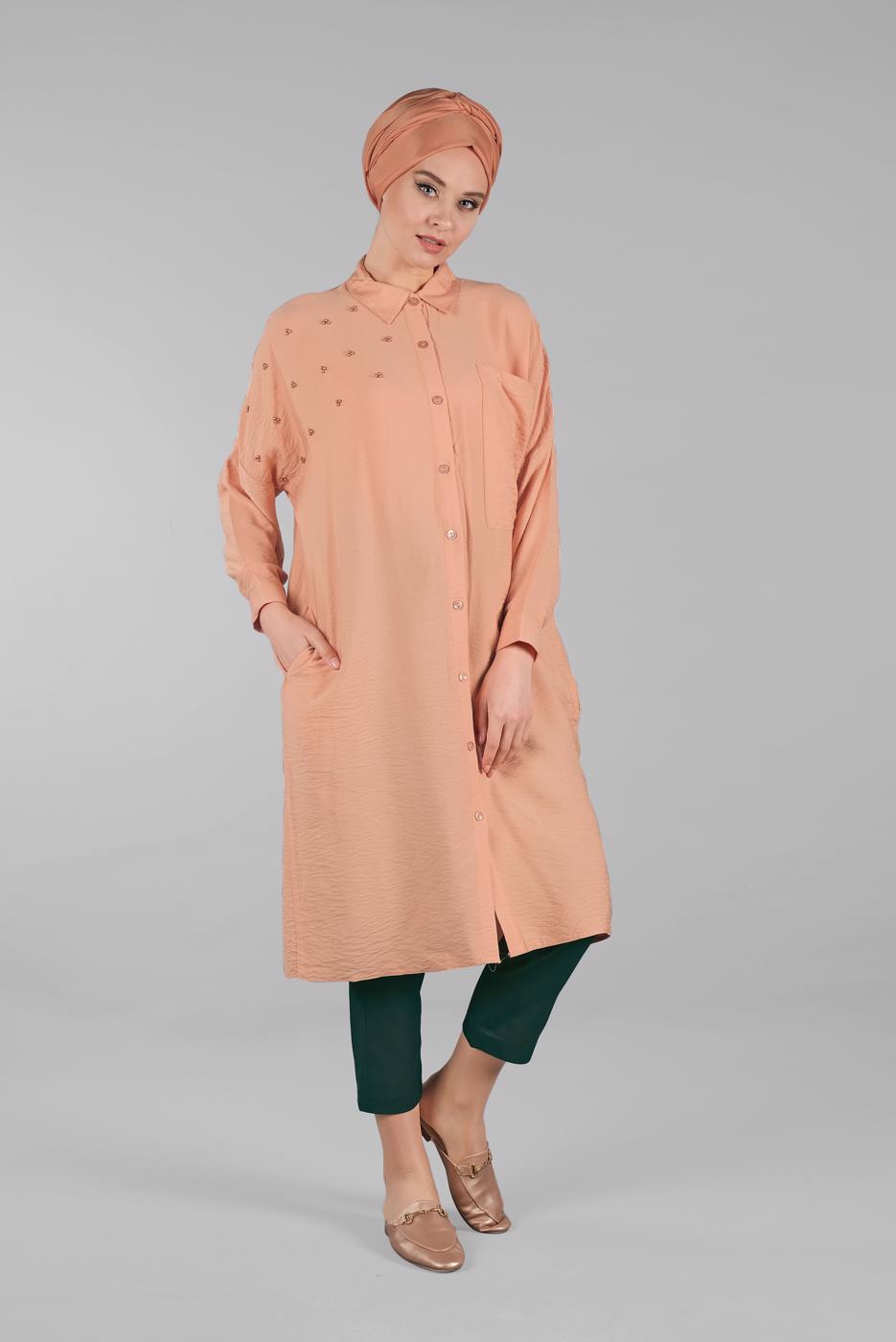Tesettür giyim TURUNCU İNCİ DETAYLI CEPLİ TUNİK 6234 