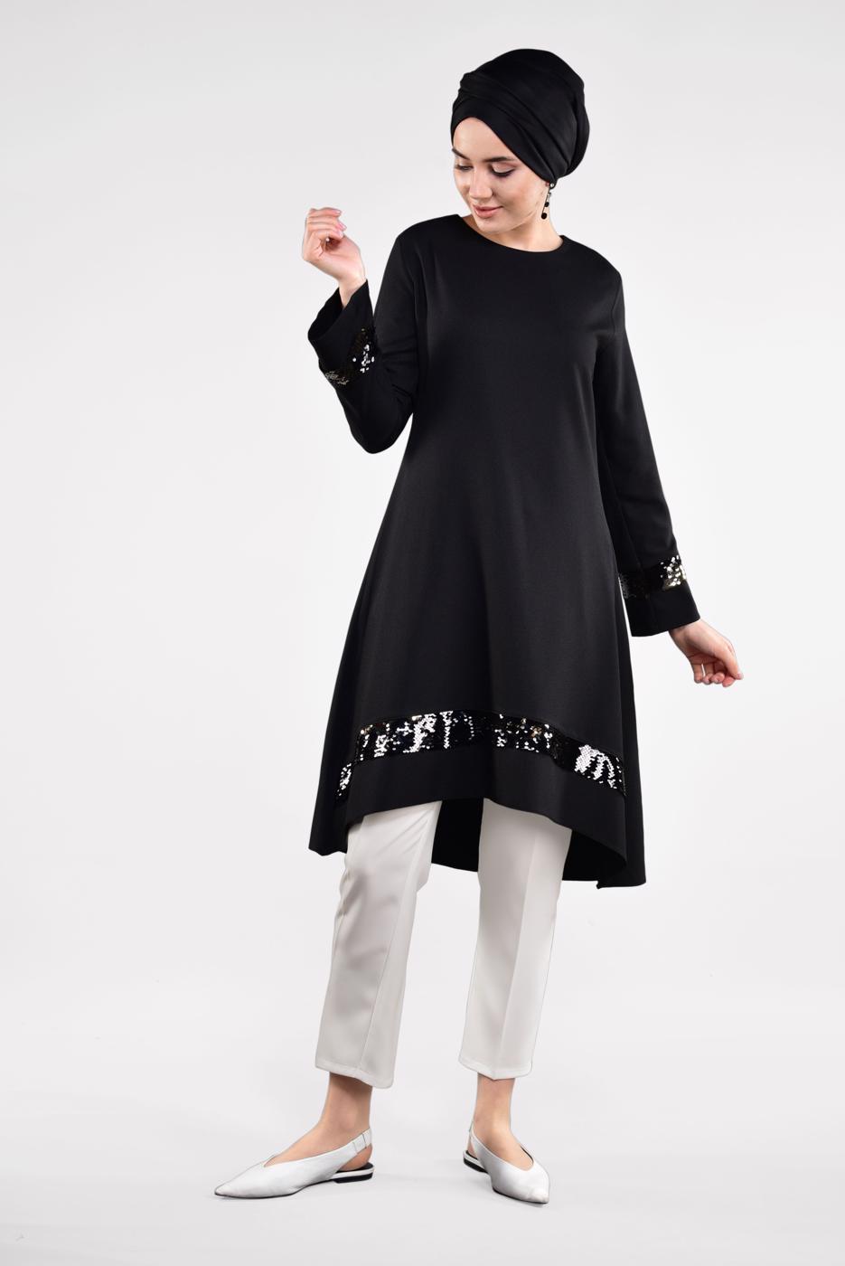 Tesettür giyim SİYAH PUL PAYETLİ ETEK UCU OVAL KESİM VOLANLI TUNİK 6284