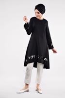 Tesettür giyim SİYAH PUL PAYETLİ ETEK UCU OVAL KESİM VOLANLI TUNİK 6284