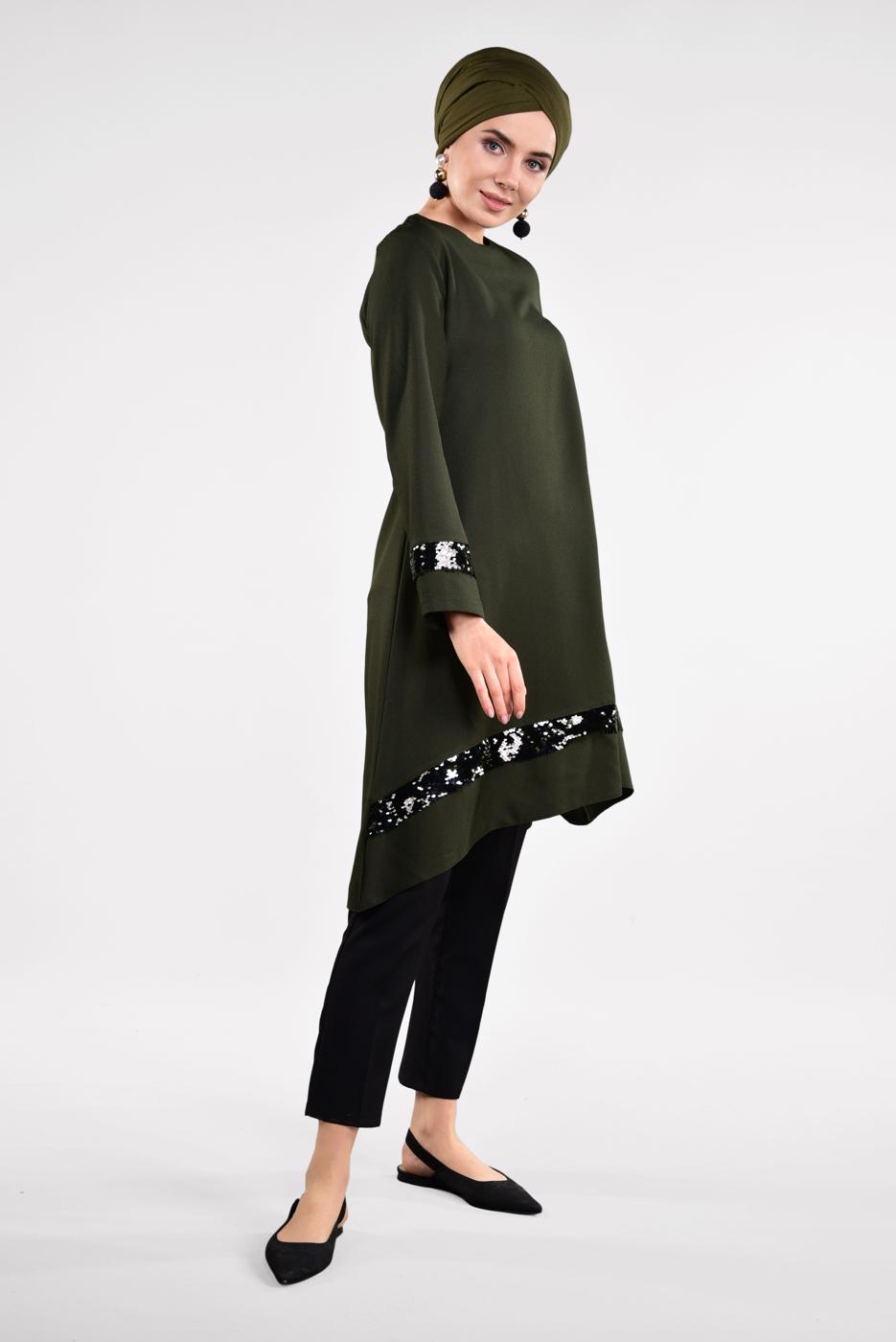 Tesettür giyim HAKİ PUL PAYETLİ ETEK UCU OVAL KESİM VOLANLI TUNİK 6284
