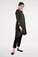 Tesettür giyim HAKİ PUL PAYETLİ ETEK UCU OVAL KESİM VOLANLI TUNİK 6284