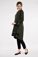 Tesettür giyim HAKİ PUL PAYETLİ ETEK UCU OVAL KESİM VOLANLI TUNİK 6284