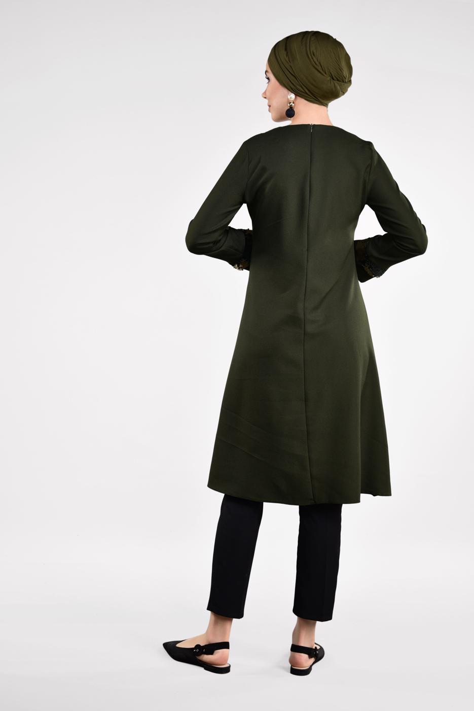 Tesettür giyim HAKİ PUL PAYETLİ ETEK UCU OVAL KESİM VOLANLI TUNİK 6284