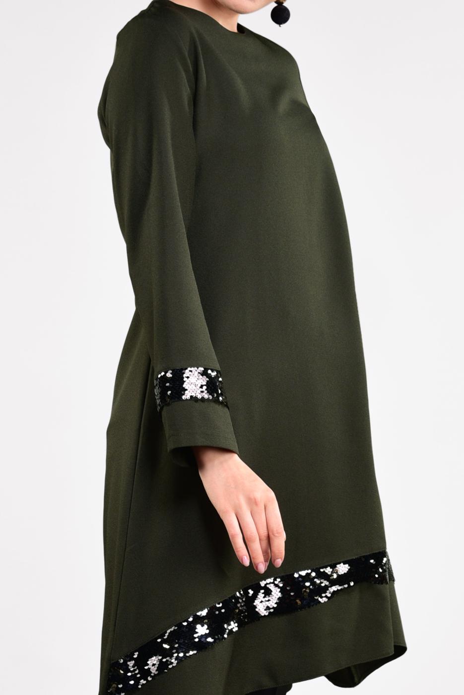 Tesettür giyim HAKİ PUL PAYETLİ ETEK UCU OVAL KESİM VOLANLI TUNİK 6284