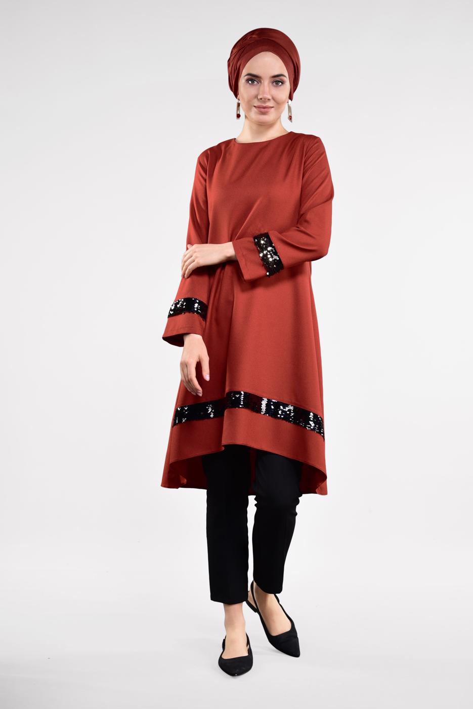 Tesettür giyim TURUNCU PUL PAYETLİ ETEK UCU OVAL KESİM VOLANLI TUNİK 6284