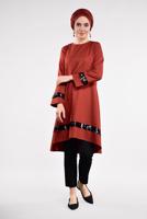 Tesettür giyim TURUNCU PUL PAYETLİ ETEK UCU OVAL KESİM VOLANLI TUNİK 6284